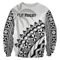 Rugby sweatshirt, white crewneck with black tribal panel, 'FIJI RUGBY' print