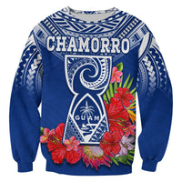 Custom Personalised Guam Chamorro Sweatshirt Guaman Latte Stone Tropical Flowers Blue Version - Wonder Print Shop