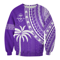 Purple crewneck sweatshirt with bold tribal stripe patterns and white palm motif on front