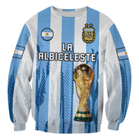 Football sweatshirt with AFA crest and "LA ALBICELESTE" text, light blue/white striped print