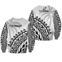 Unisex sweatshirt, light white base with black tribal tapa sleeves and FIJI RUGBY print