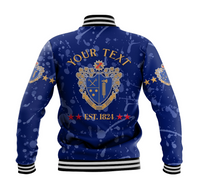 Blue baseball jacket back view, large crest and 'YOUR TEXT' lettering, ribbed trim