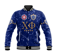 Blue baseball varsity jacket, front snap buttons, crest and gold Greek letters print