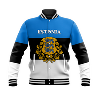 Blue baseball jacket with ESTONIA text and crest, black/white sleeves