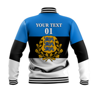 Back view: Blue baseball jacket with YOUR TEXT 01 and crest, black/white sleeves