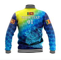 Baseball jacket back: YOUR TEXT 01 over lion graphic, blue-green gradient, striped hem