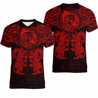 Viking Clothing Viking Dragon and Wolf Tattoo Red V neck T shirt RLT12 - Wonder Print Shop