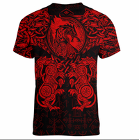 Viking Clothing Viking Dragon and Wolf Tattoo Red V neck T shirt RLT12 - Wonder Print Shop