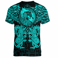 Viking Clothing Viking Dragon and Wolf Tattoo Cyan V neck T shirt RLT12 - Wonder Print Shop