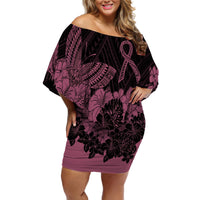 Polynesian Breast Cancer Awareness Off Shoulder Short Dress Floral Butterfly - Wonder Print Shop