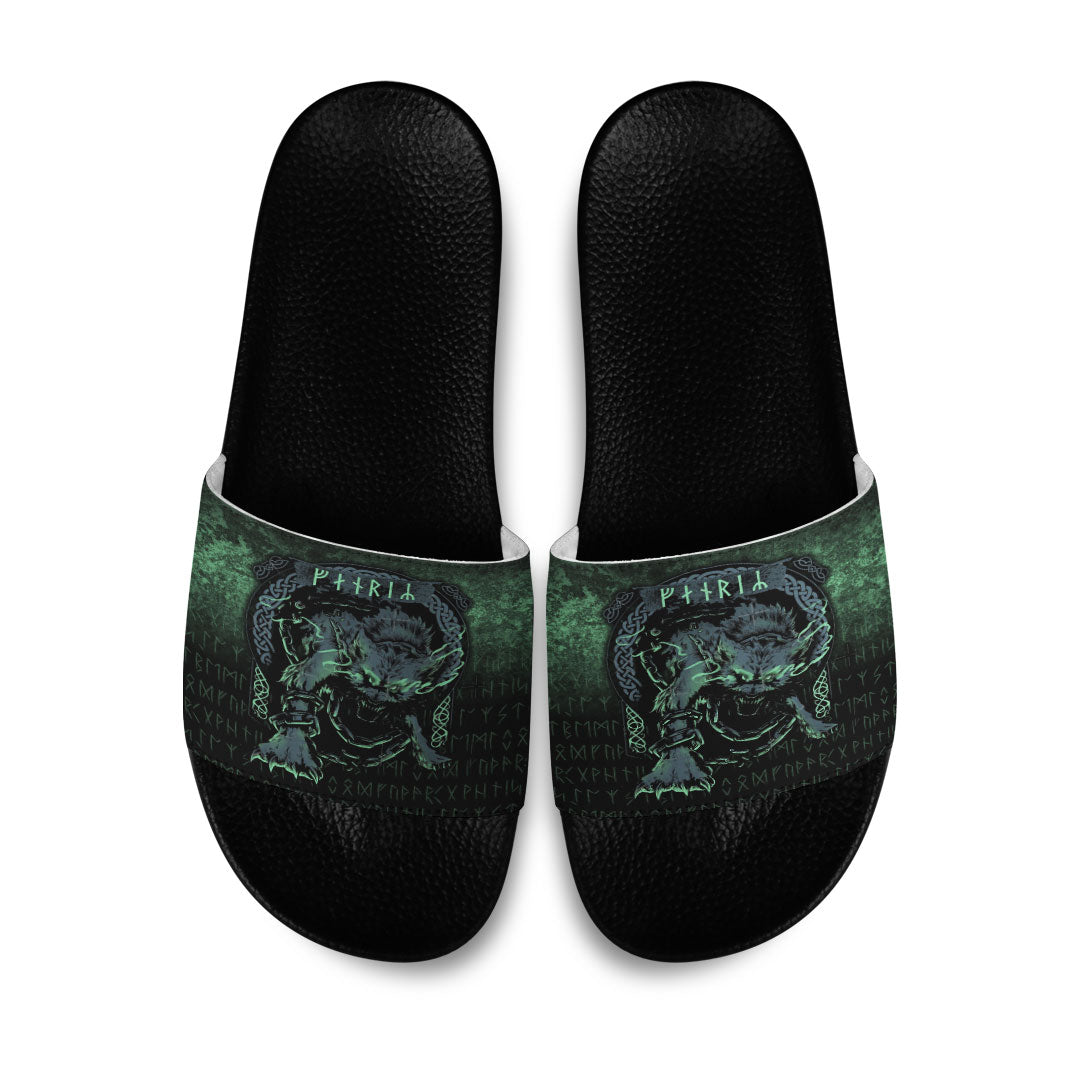 wonder-print-slide-sandals-fenrir-wolf-norse-futhark-runes-viking-mythology-ragnarok-green-slide-sandals