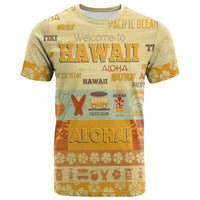 Yellowish T-shirt with Hawaii Aloha text and surf icons, crew neck