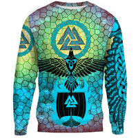 Viking Sweatshirts - Raven Of Odin and Drakkar On Fire On Vignette Cyan Valknut RLT12 - Wonder Print Shop