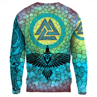 Viking Sweatshirts - Raven Of Odin and Drakkar On Fire On Vignette Cyan Valknut RLT12 - Wonder Print Shop