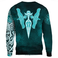 Viking Sweatshirts - Cyan Spear Of The God Odin - Gungnir and Two Cyan Ravens Style RLT12 - Wonder Print Shop