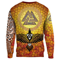 Viking Sweatshirts - Raven Of Odin and Drakkar On Fire On Vignette Gold Valknut RLT12 - Wonder Print Shop