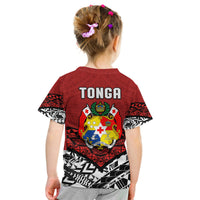 Kids red Tonga Anniversary 52nd graphic T-shirt, back view with crest and TONGA text