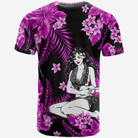 Purple and black graphic T-shirt with hula girl seated print and plumeria flowers