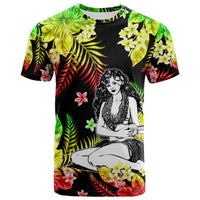 Graphic hula girl T-shirt with tropical leaves and flowers, black base, short sleeves