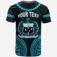 Tribal graphic T-shirt back with crest, stars, YOUR TEXT, blue accents on dark fabric