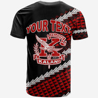 Black high school T-shirt back with red geometric side band and crest with 'YOUR TEXT'