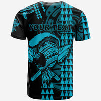 Black and teal Polynesian warrior T-shirt back, 'YOUR TEXT' geometric pattern