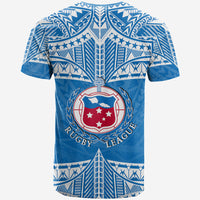 Blue rugby league T-shirt with white tribal pattern and central Rugby League crest