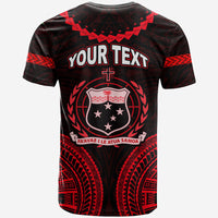 Red and black tribal T-shirt back with YOUR TEXT, crest with stars, crew neck