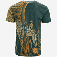 Green crewneck T-shirt with gold king portrait and tiki-style border art