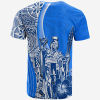 Blue crewneck T-shirt with white king graphic and geometric patterned panel on side/back
