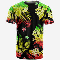 Tropical crew-neck T-shirt on black base with green leaves, yellow blooms, red flowers