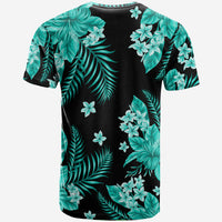 Short-sleeve T-shirt, rounded crew neck, all-over turquoise leaf and flower pattern