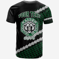 Black graphic t-shirt with green Your Text area, Kaiser logo, and cat mascot on back
