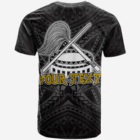 Black T-shirt with crossed sword and crest graphic, 'YOUR TEXT' banner
