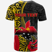 Black graphic T-shirt with yellow scrolls, red bird, 'YOUR TEXT' print, short sleeves