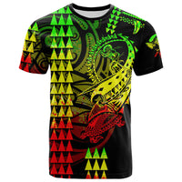 Crewneck T-shirt, black with neon green tribal warrior print and red/yellow accents