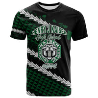 Black graphic t-shirt with green Henry J Kaiser High School emblem and cat mascot