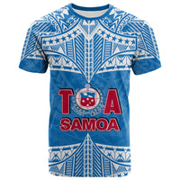 Blue rugby league T-shirt with white tribal pattern and Samoa logo on front