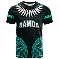 Green tribal T-shirt with SAMOA text, white wing graphic and teal geometric print