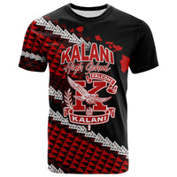 Black high school T-shirt with red geometric panels and front crest graphic