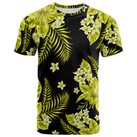 Crewneck short-sleeve t-shirt with black base and green tropical leaf floral print