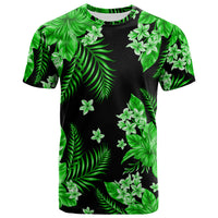 Green tropical floral T-shirt with black base, short sleeves, crew neck