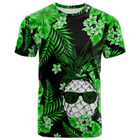 Short-sleeve T-shirt, black with green tropical leaf print and skull sunglasses graphic