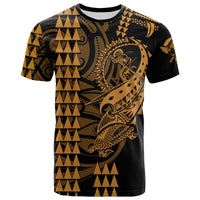 Black crew-neck T-shirt with gold Polynesian warrior tattoo-style graphic across front