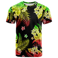 Colorful tropical T-shirt with black base, green-yellow leaves and red flowers