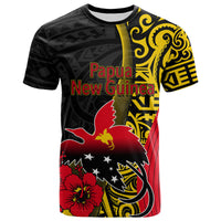 Black graphic T-shirt with Papua New Guinea text, bird and flowers, short sleeves