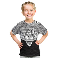 Kids black tribal T-shirt with white geometric print and central palm motif on front
