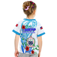 Blue and white tribal hibiscus T-shirt with HRPP party back print and emblem