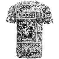 White graphic t-shirt with large black tribal blocks and hibiscus flower print