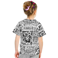 Kid's white graphic t-shirt with black tribal collage print on the back